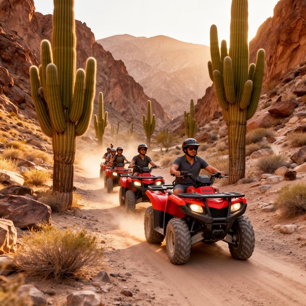 ATV riders navigating canyon trails through giant cacti near Los Cabos