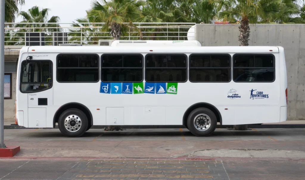 Cabo Adventures shuttle bus used for round-trip transportation in Los Cabos